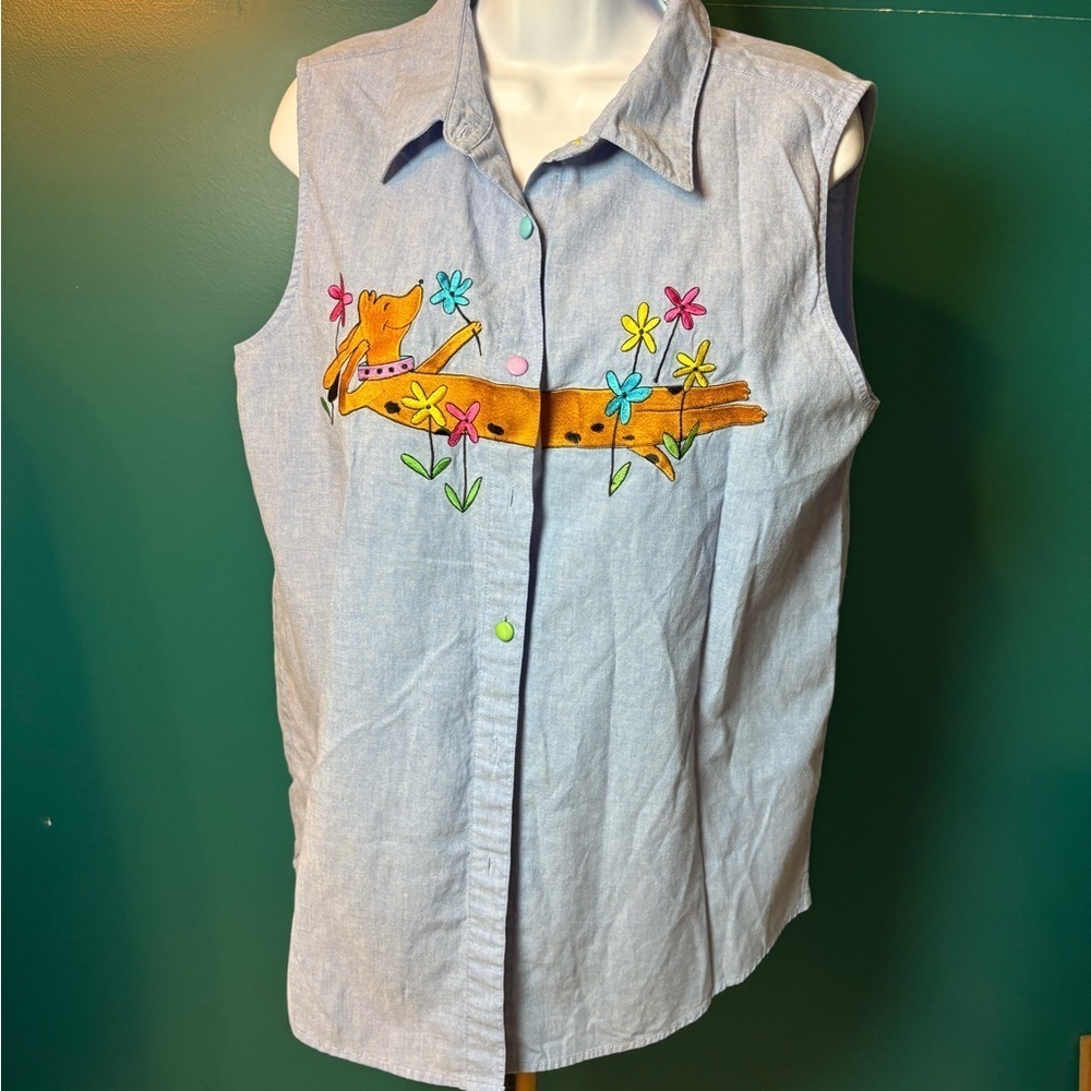Falls Creek Light Blue Collared Top Featuring Embroidered Dog and Flowers